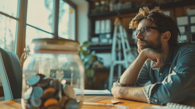 Junger Mann am Schreibtisch, darauf ein halb mit Münzen gefüllter Glasbehälter 