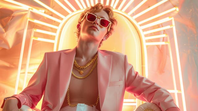 Junger Narzisst mit Sonnenbrille, offenem Blazer und vielen Goldketten auf nackter Brust, lungert arrogant schauend auf einem thronähnlichen Stuhl mit beleuchteter Lehne.