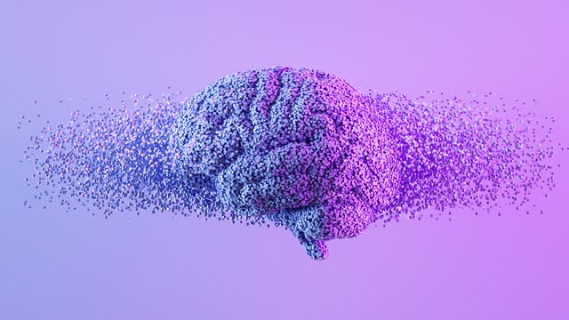 Eine abstrakte Darstellung eines Gehirns, bestehend aus kleinen, violetten und blauen Würfeln, die in einem allmählichen Übergang von dichter Struktur zu verstreuten Partikeln auf einem lila Hintergrund zerfallen. Die Szene vermittelt ein Gefühl von Zerfall oder Transformation, möglicherweise symbolisierend für Konzepte wie Gedanken, Datenverarbeitung oder künstliche Intelligenz.