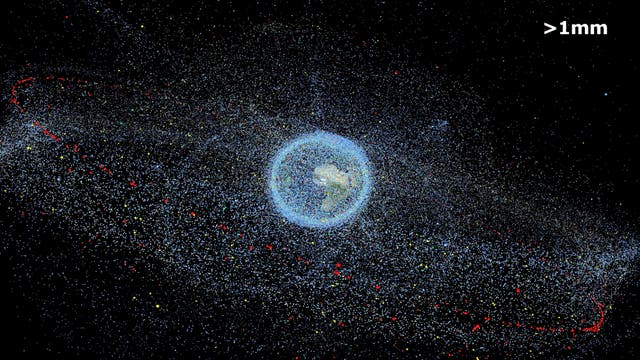 Darstellung von Weltraumschrott in der Erdumlaufbahn. Die Erde ist von zahlreichen kleinen Punkten umgeben, die den Schrott symbolisieren. In der oberen rechten Ecke steht ">1mm", was auf die Größe des Schrotts hinweist. Der Hintergrund ist schwarz, um den Kontrast zu den bunten Punkten zu erhöhen.