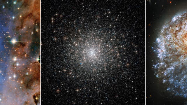 Komposition aus drei Bildern, die den offenen Sternhaufen Trumpler 14, den Kugelsternhaufen Messier 15 und die Galaxie NGC 2276 zeigt.