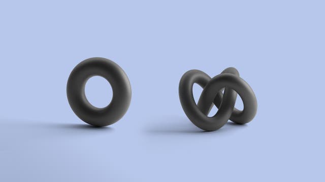 Zwei schwarze, dreidimensionale Formen auf einem hellblauen Hintergrund. Links ist ein einzelner, aufrecht stehender Torus zu sehen. Rechts befinden sich drei ineinander verschlungene Torus-Formen, die eine komplexe, verknotete Struktur bilden. Die Szene vermittelt ein Gefühl von Balance und Kontrast zwischen Einfachheit und Komplexität.