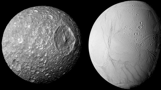 Saturnmonde Mimas (links) und Enceladus